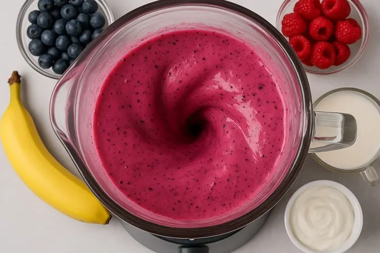 Blended berry smoothie in blender jar