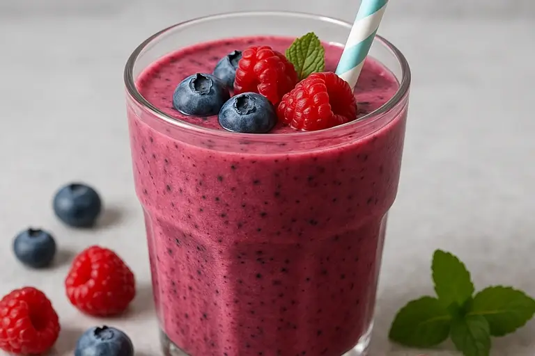 Raspberry Blueberry Smoothie with Straw