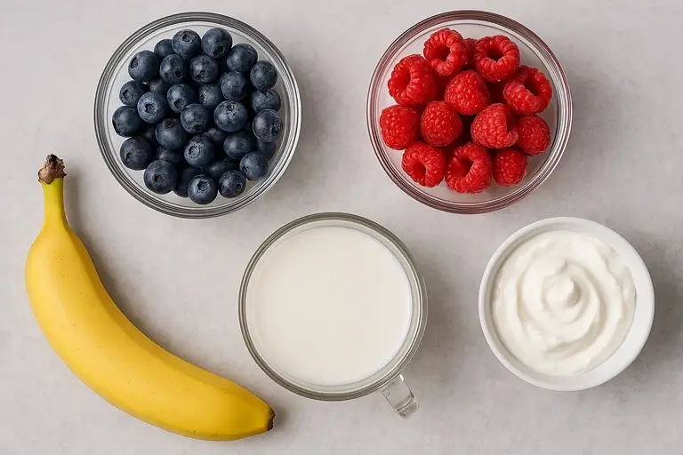 Ingredients for blueberry raspberry smoothie - banana, berries, yogurt