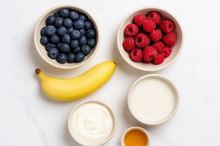 Fresh Ingredients for Raspberry Blueberry Smoothie – Banana, Berries, Yogurt