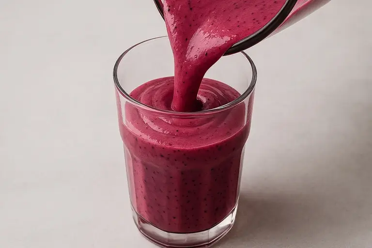 Pouring blueberry raspberry smoothie into glass