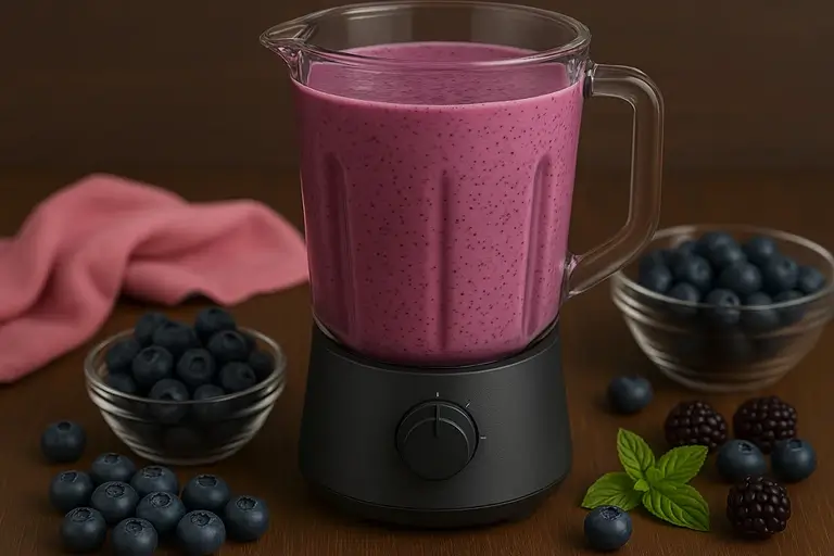 Blueberry smoothie blending in a blender