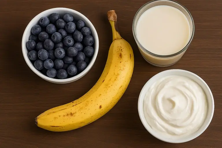 Blueberries, banana, yogurt, and almond milk on a table