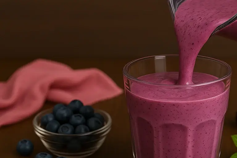 Pouring blueberry smoothie into a glass