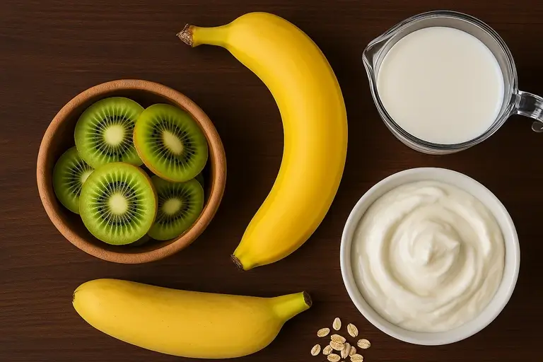 Kiwi, banana, Greek yogurt, almond milk, and honey ingredients for smoothie