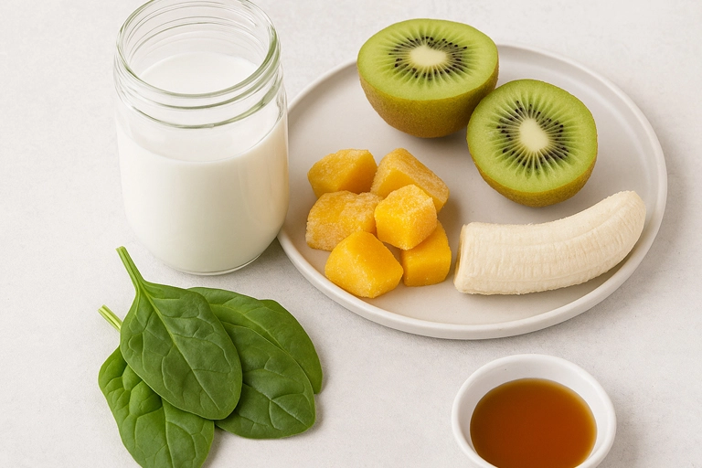 Kiwi smoothie ingredients including spinach, banana, mango, and coconut milk.