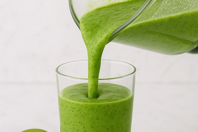 Pouring thick green kiwi smoothie from a blender into a glass