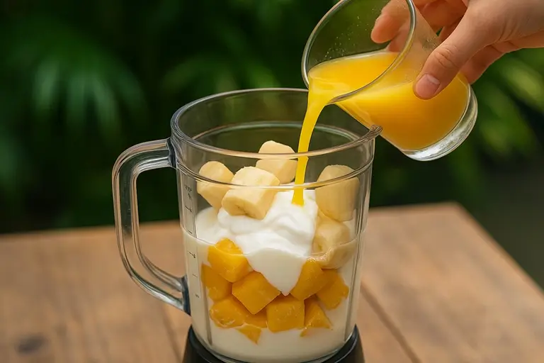 Mango smoothie ingredients - mango, banana, and yogurt