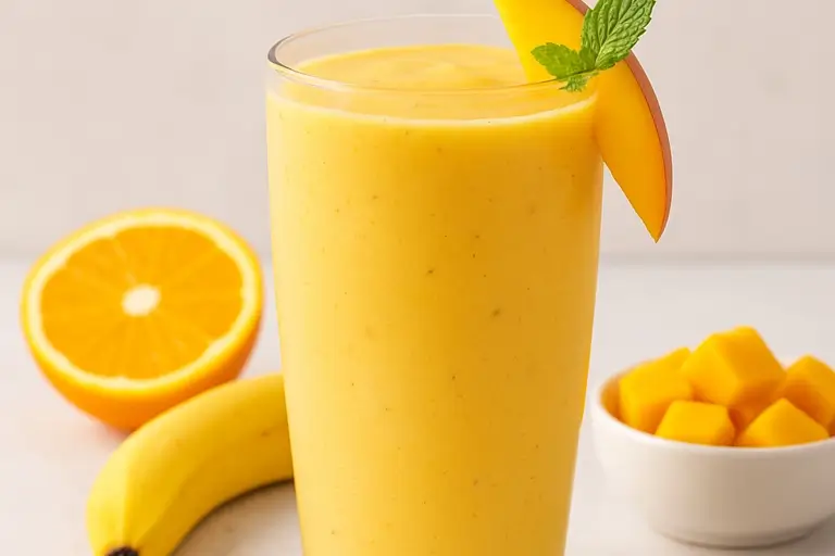 Healthy mango smoothie served chilled with mint and mango slice