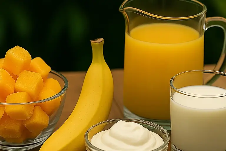 Fresh ingredients for tropical mango smoothie recipe