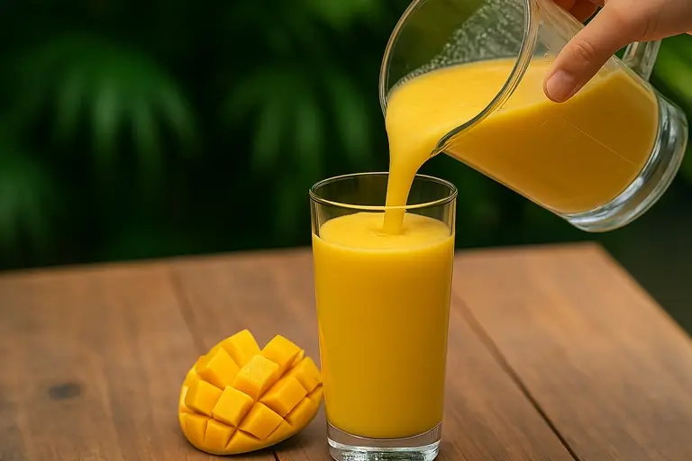 Creamy mango smoothie into glass for serving