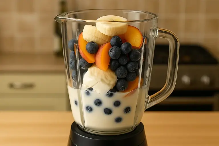 Peach, blueberries, and banana in blender ready to mix