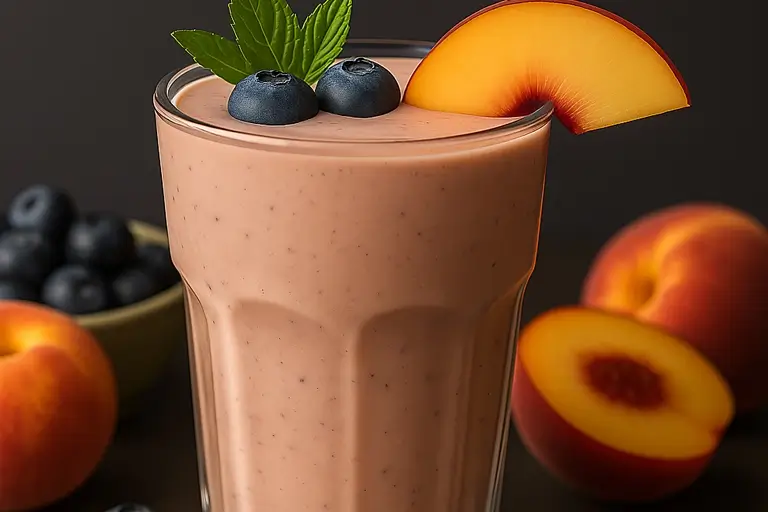 Peach Blueberry Smoothie topped with fresh fruit