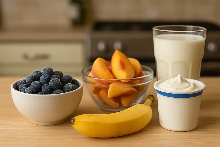 Ingredients for Peach Blueberry Smoothie – blueberries, peaches, banana, almond milk, yogurt