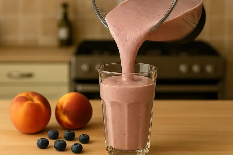 Peach Blueberry Smoothie being poured into glass