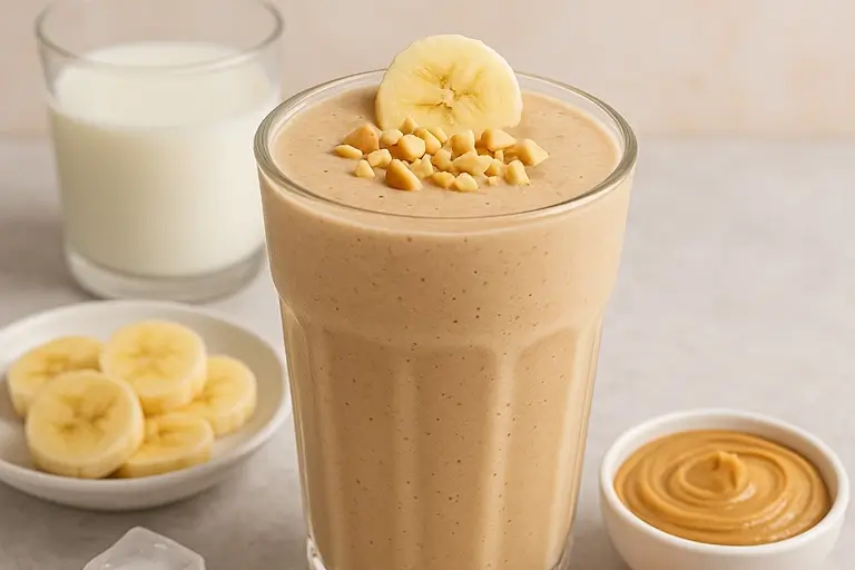 Ingredients for peanut butter banana smoothie – bananas, almond milk, peanut butter