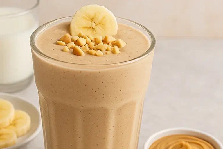 Creamy smoothie topped with banana slices and crushed peanuts