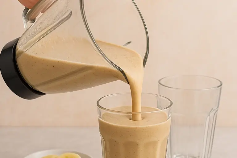 Pouring creamy peanut butter banana smoothie into glass