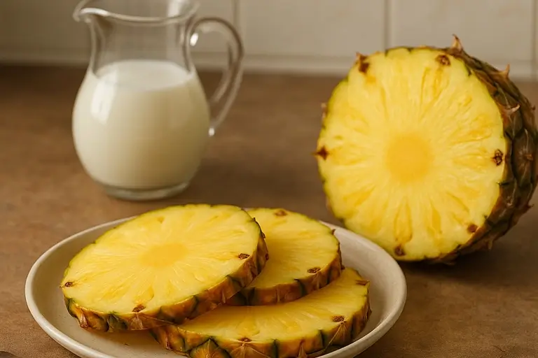 Fresh pineapple slices and coconut milk for smoothie recipe