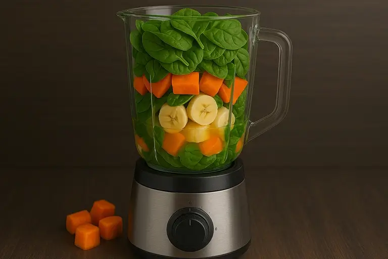 Spinach, carrot, banana, and orange juice in a blender ready to blend