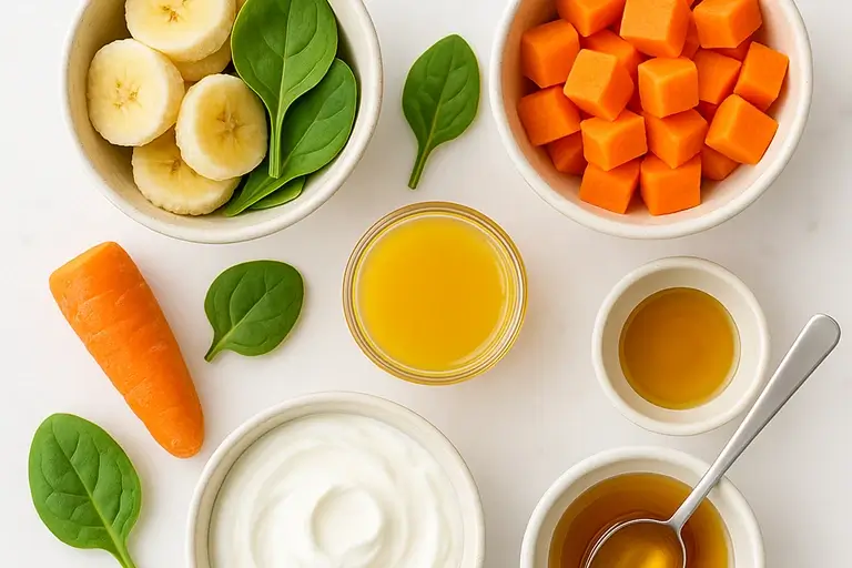 Fresh spinach, banana, carrots, orange juice, and yogurt ingredients for smoothie