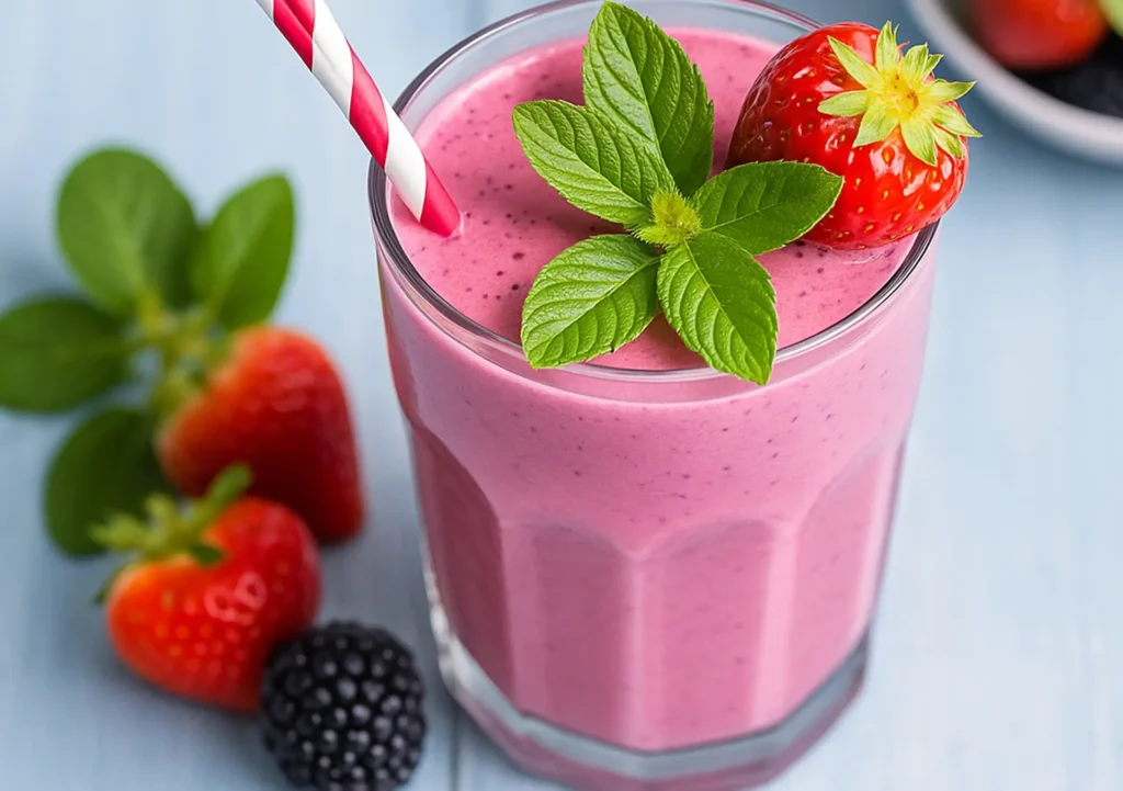 Fresh Strawberry and Blackberry Smoothie with mint and berries