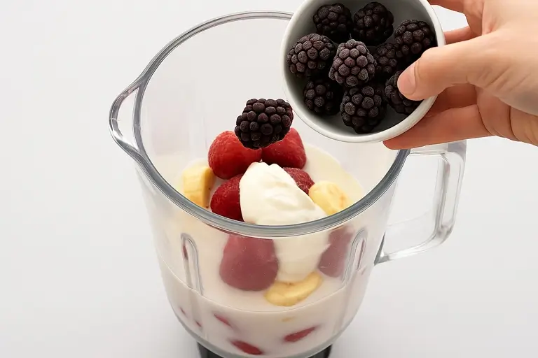 Making Strawberry and Blackberry Smoothie – Ingredients in blender