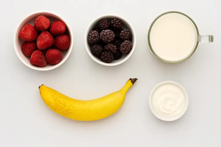 Ingredients for Strawberry and Blackberry Smoothie – berries, banana, yogurt