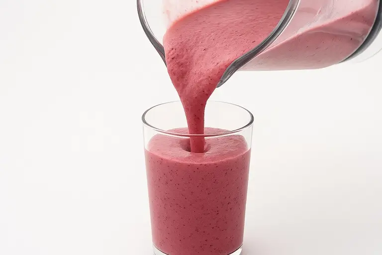 Pouring Strawberry and Blackberry Smoothie into a glass