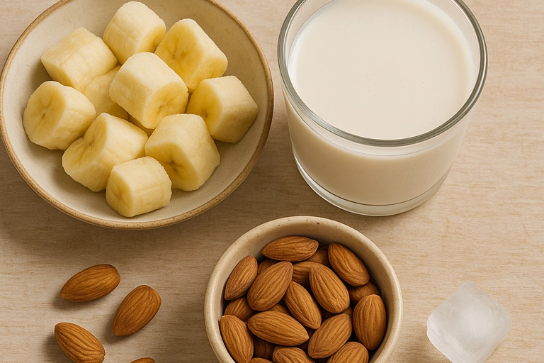 Chopped bananas, almond milk, and raw almonds