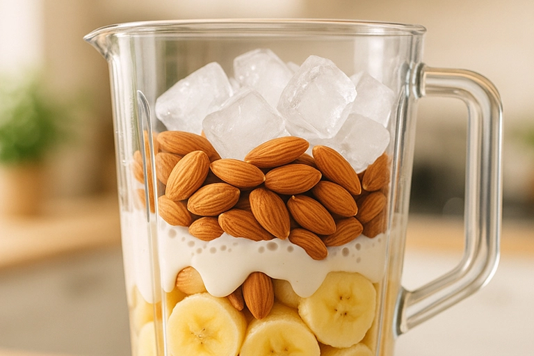Almond milk smoothie ingredients in blender – banana, almonds, and ice