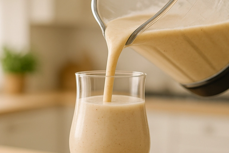 Almond milk smoothie being poured into a glass