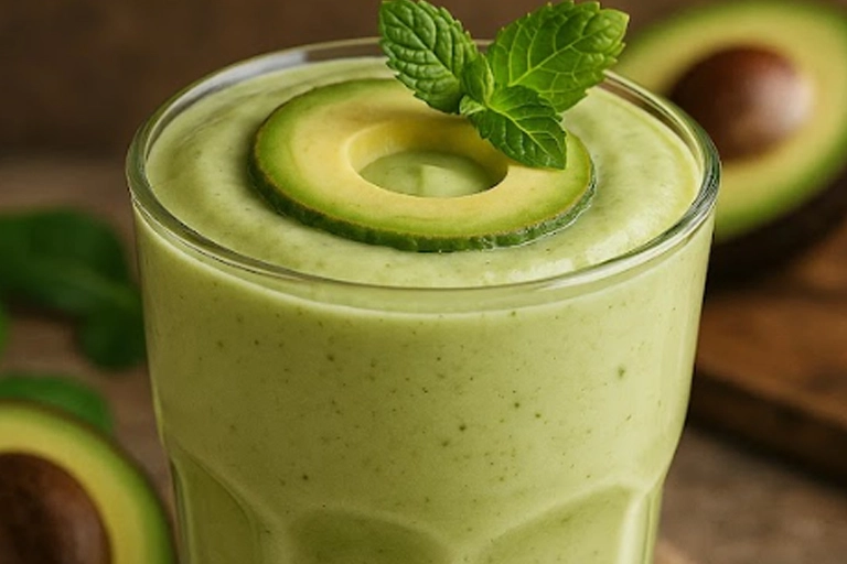 Avocado smoothie in a glass topped with mint and avocado swirl