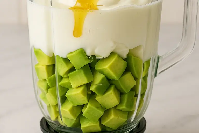 Avocado chunks and yogurt inside a blender ready to mix