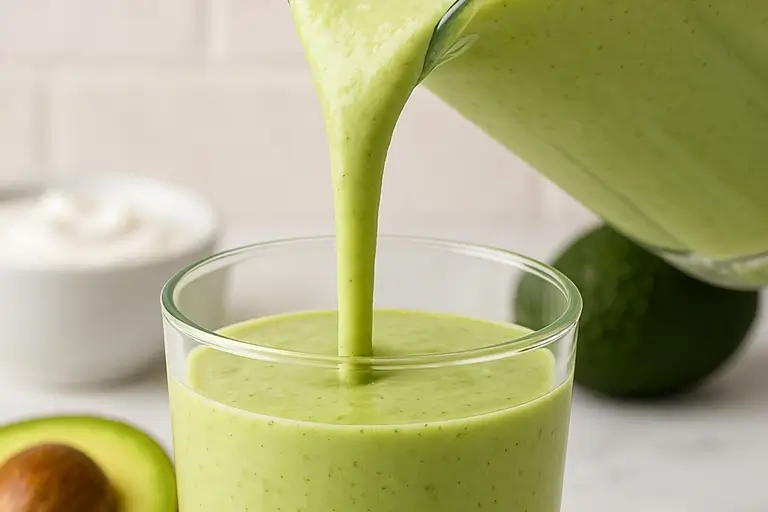 Pouring creamy avocado smoothie into a glass