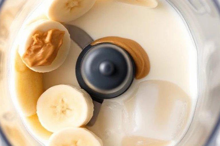 Bananas and peanut butter being blended with coconut milk for smoothie