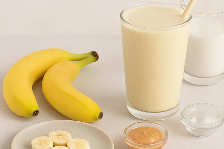 Banana smoothie ingredients including bananas, coconut milk, peanut butter, and honey on a table