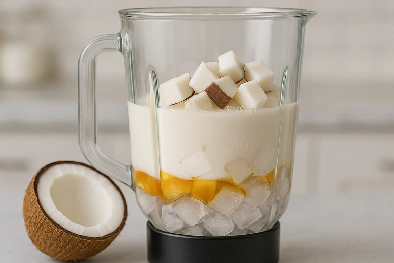 Blender with coconut smoothie ingredients