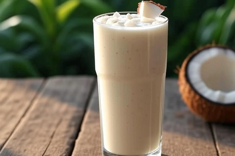 Coconut smoothie served on a wooden table 