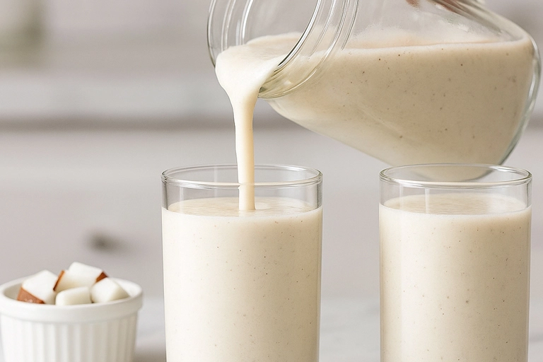 Coconut smoothie poured into a glass
