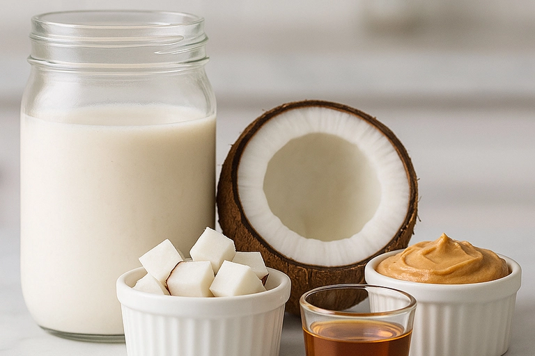 Ingredients for coconut smoothie including coconut chunks and maple syrup