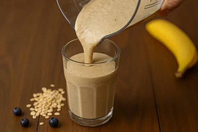 Oatmeal smoothie being poured into a glass
