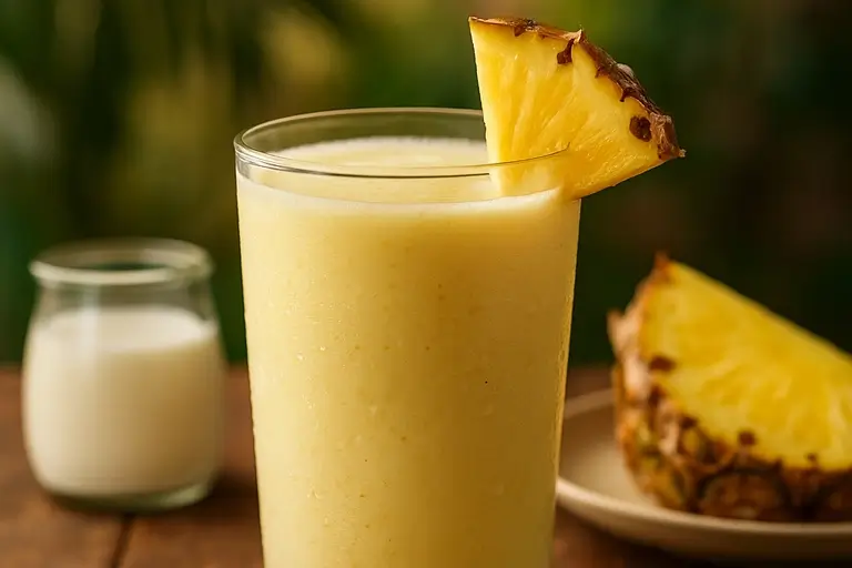 Pineapple Smoothie in glass with pineapple slice garnish