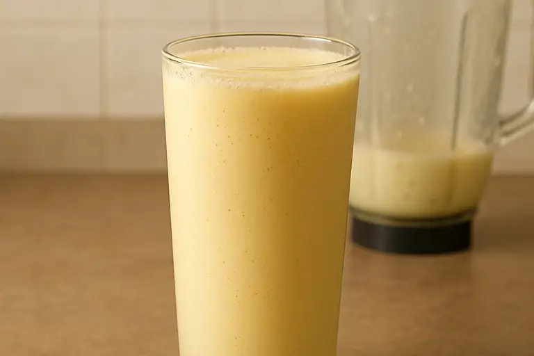 Creamy blended Pineapple Smoothie in glass mug