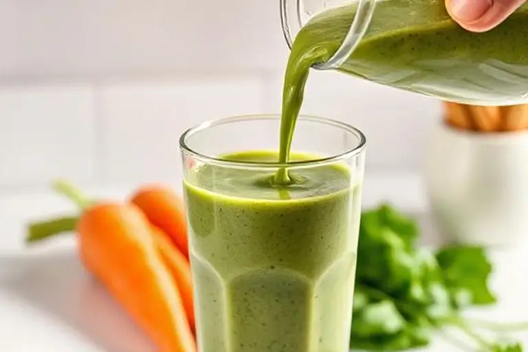 Green spinach and carrot smoothie being poured into a glass