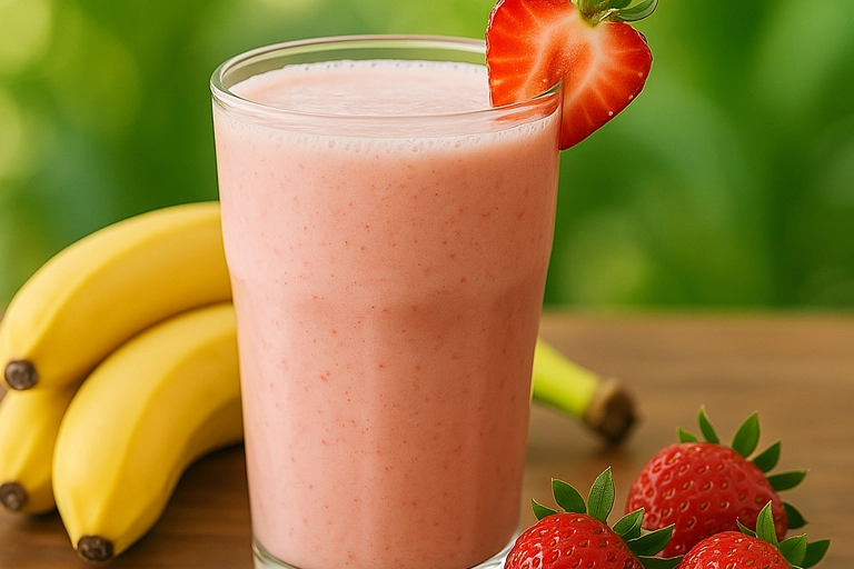 Strawberry banana smoothie garnish with strawberry slice