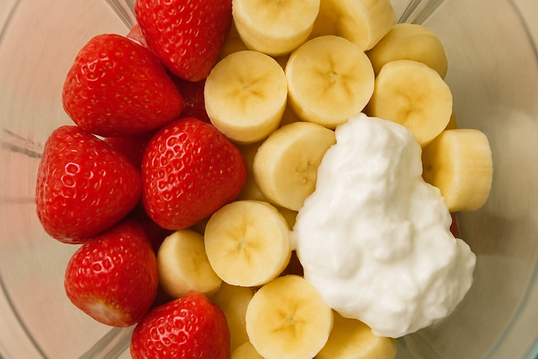 banana, strawberries, almond milk and ice for smoothie
