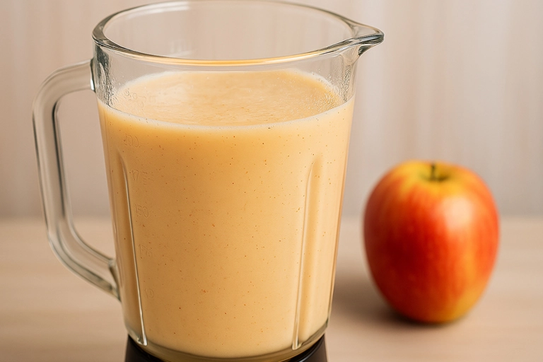 Apple smoothie ingredients being blended in a blender