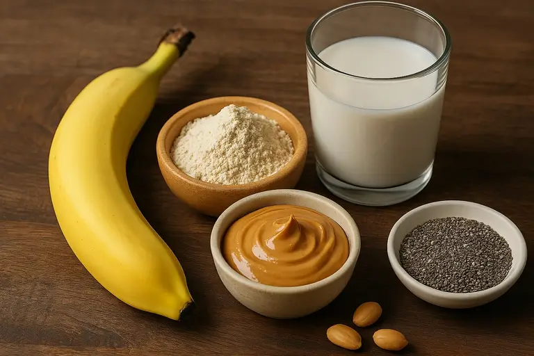 Banana, peanut butter, protein powder, chia seeds, and almond milk on a wooden board