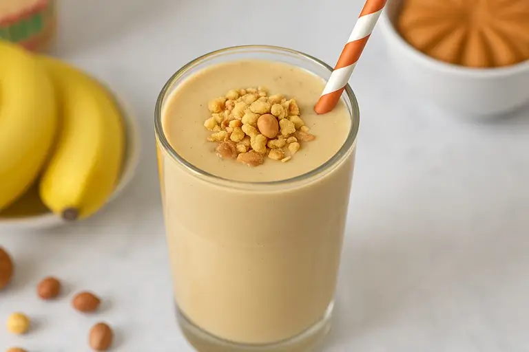 Creamy peanut butter protein smoothie with straw